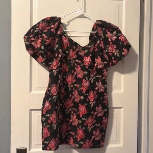 MINKPINK Black Dress with Red and Green Floral Design